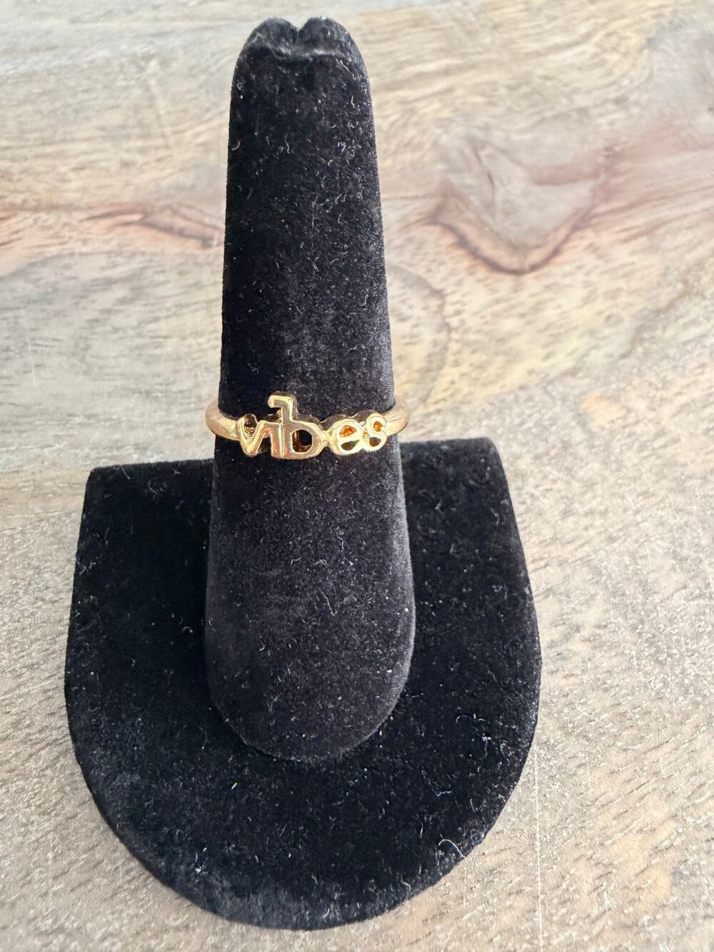 Gold Tone Vibes Script Ring Size 7.25